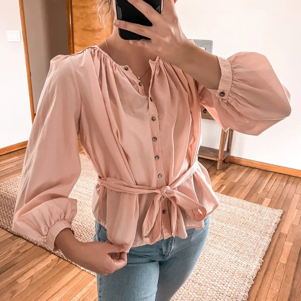 La Vie Rebecca Taylor Pink Silk Blend Balloon Sleeve Bow Button Down Blouse M